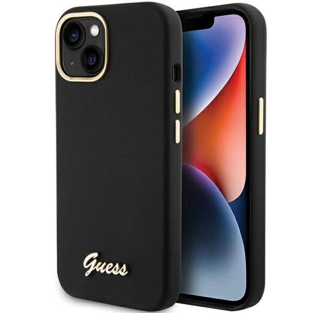 Guess Silikon Script Metal Logo & Frame Hülle Für Iphone 15 - Schwarz