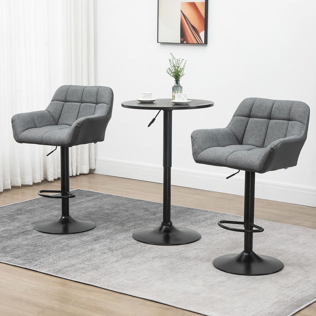 Barhocker 2er-Set Retro-Design höhenverstellbar Kunstleder Leinenoptik Grau + Schwarz, Kunstleder, Polyester, 57,5 x 52,5 x 114 cm