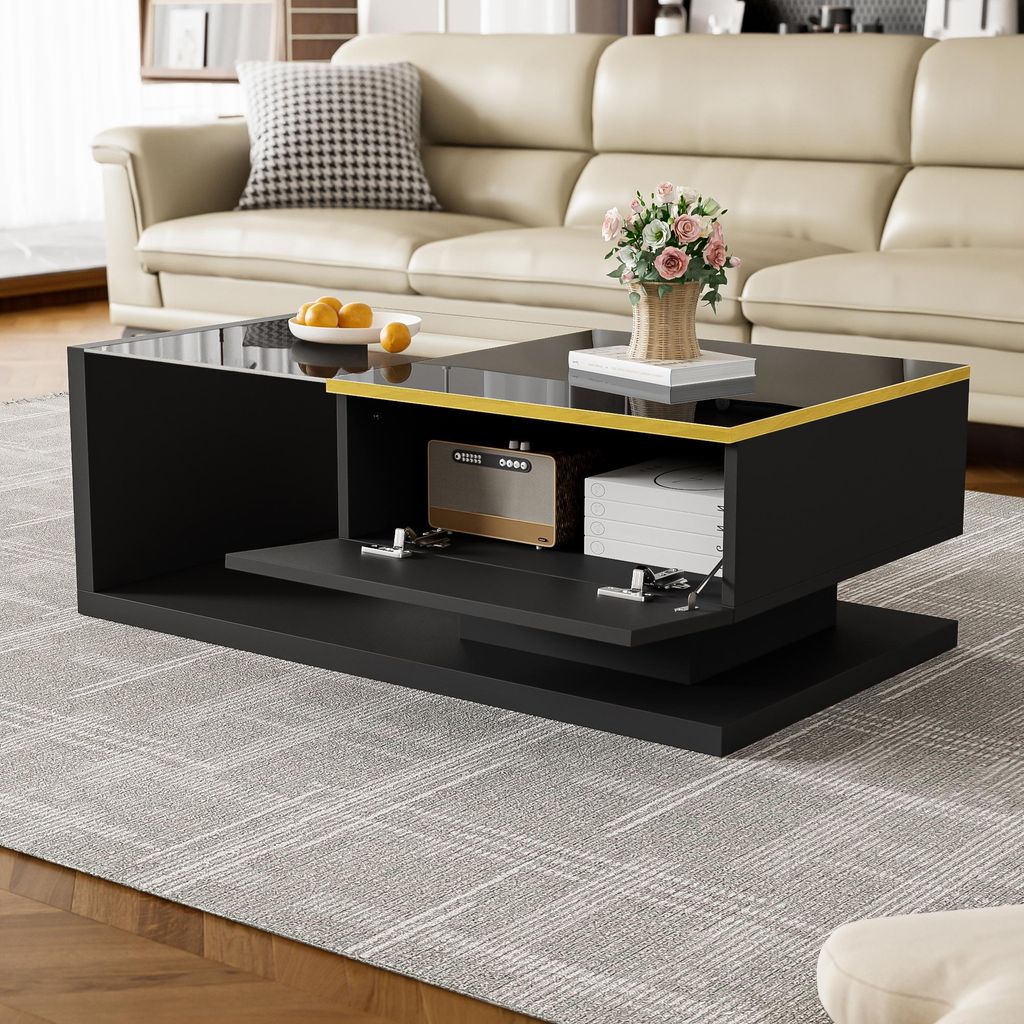 MODFU Moderner 90cm Beistelltisch Couchtisch Sofatisch mit Hochglanz und Glasdesktop Design,mit 16 Farben LED-Beleuchtung,reichlich Platz,Schwarz