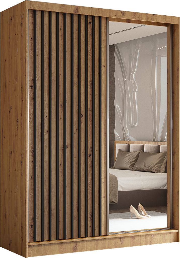 A wardrobe with sliding doors, one of which is a mirror reflecting a bedroom scene.