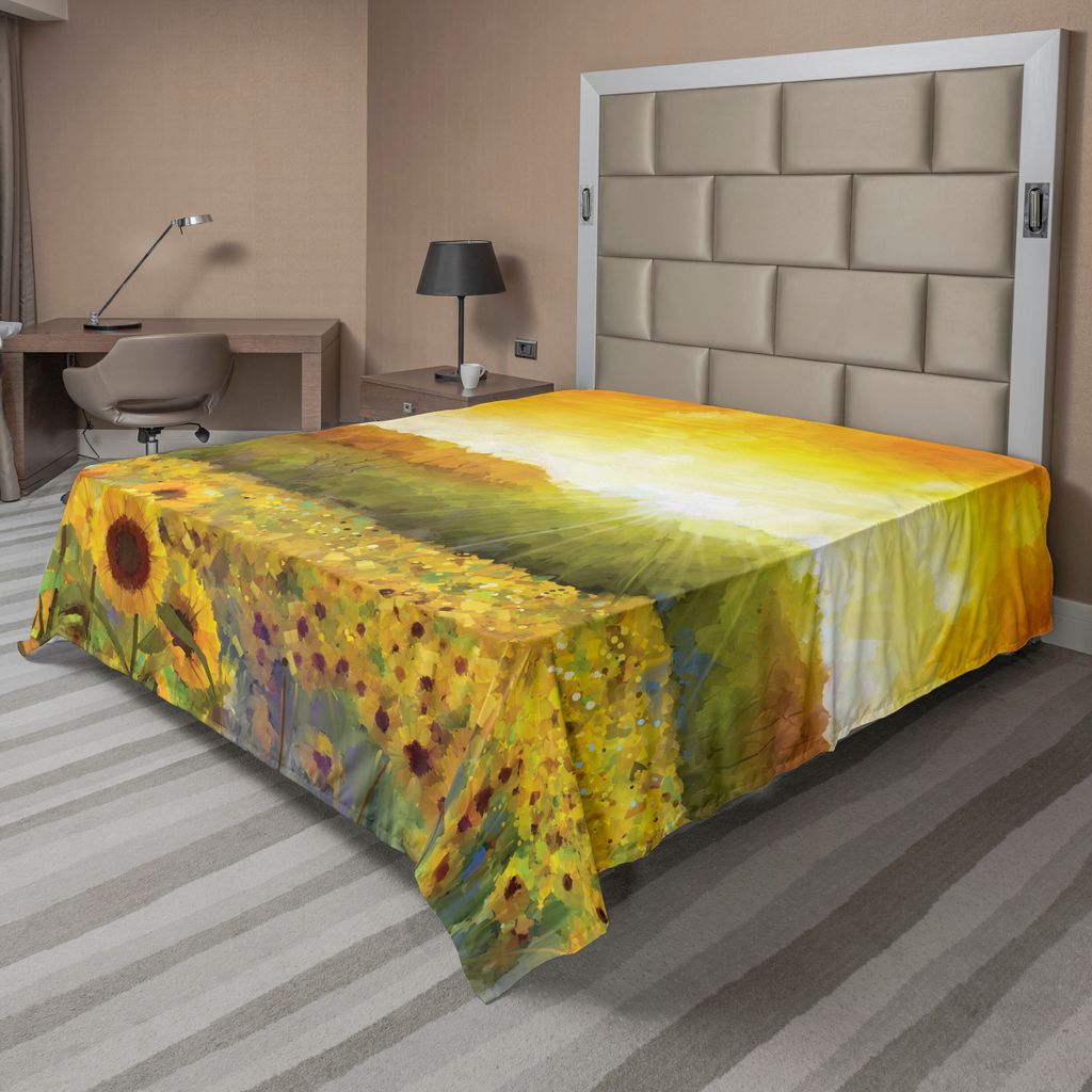 ABAKUHAUS Sonnenblume Bettlaken, Gestalten Sie Mit Goldenen Sonnenblumenfeld Und Einem Entfernten Hügel Bei Warmen Farben, weiches bequemes oberes...