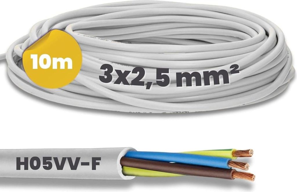 10 Meter Kalitec H05VV-F Schlauchleitung 3x2,5 mm² I Stromkabel 3G2,5 mm2 mit Schutzleiter I PVC Kabel für Innenbereich I Elektrokabel weiß I La...