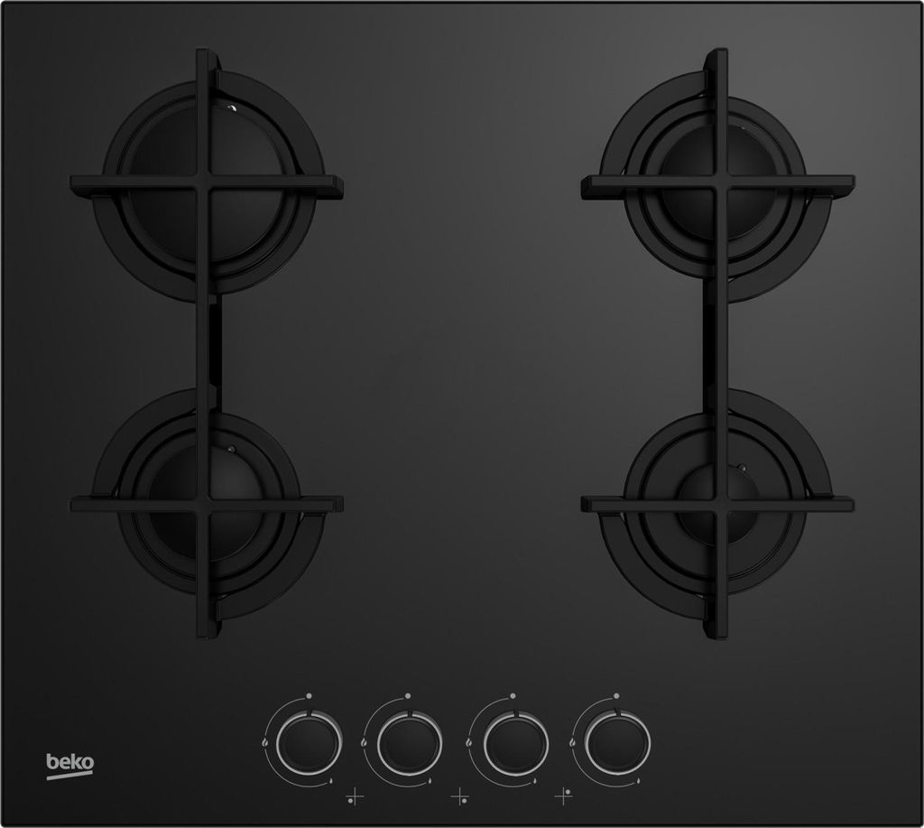 Beko HILG64225SB 60 cm Gaskochfeld, Frontsteuerung, halbdurchgehende Pfanne aus Gusseisen, 4 Brenner, schwarzes Kristallglas