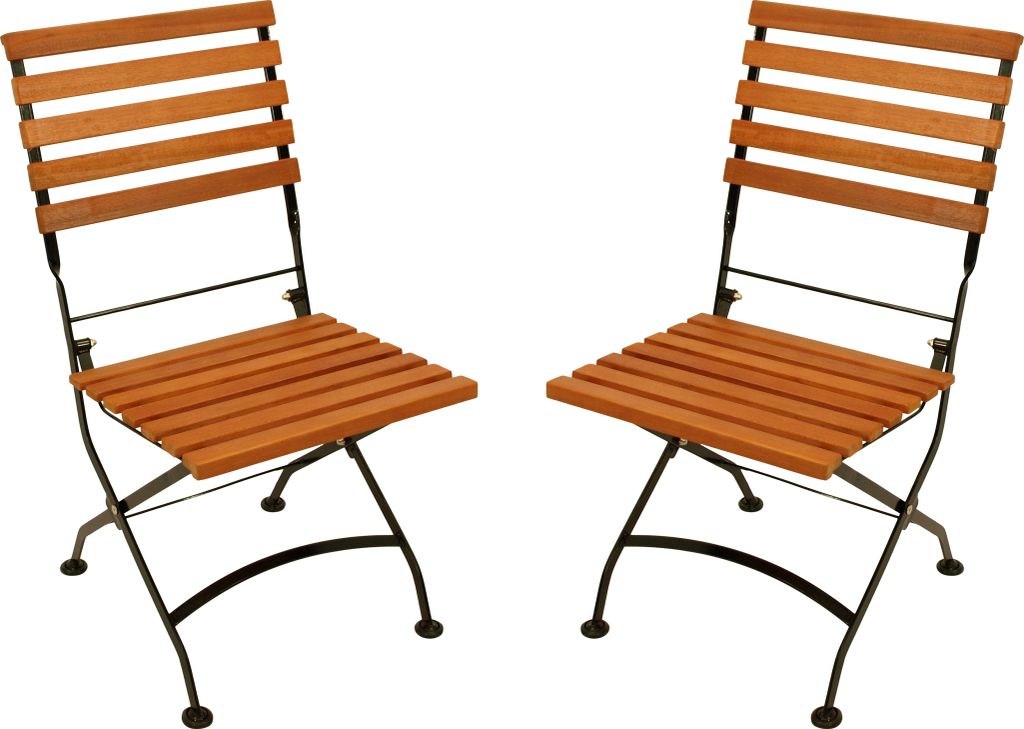 Two wooden slatted folding chairs with black metal frames are shown against a white background.