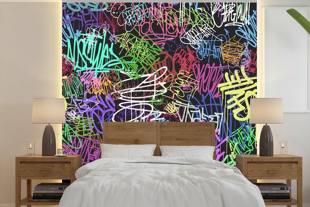 MuchoWow Fototapete für Wohnzimmer oder Schlafzimmer Wandtapete Vinyl Motivtapete Straßenkunst - Vintage - Farbe - 350x350 cm - Schlafzimmertapete