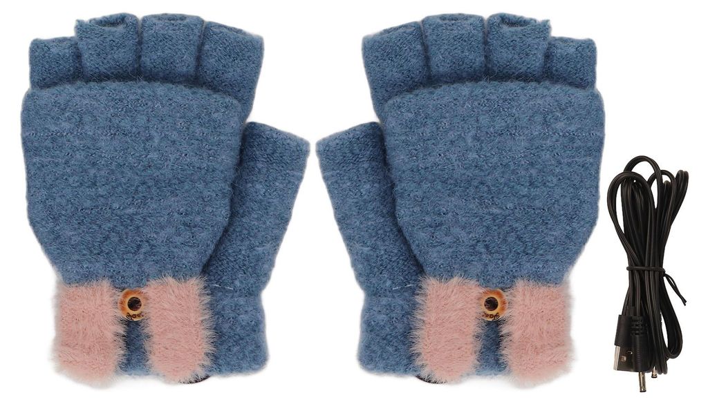 5V Heizhandschuhe mit USB-Netzteil und faltbaren Fingerüberzügen, niedliche gestrickte elektrische Heizhandschuhe für Winterreiten, blau