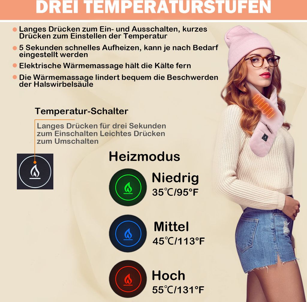 TopHomer Elektro-Heizschal Mit USB – 3 Temperaturstufen – Pink & Blau – Winterwärme Für Unterwegs