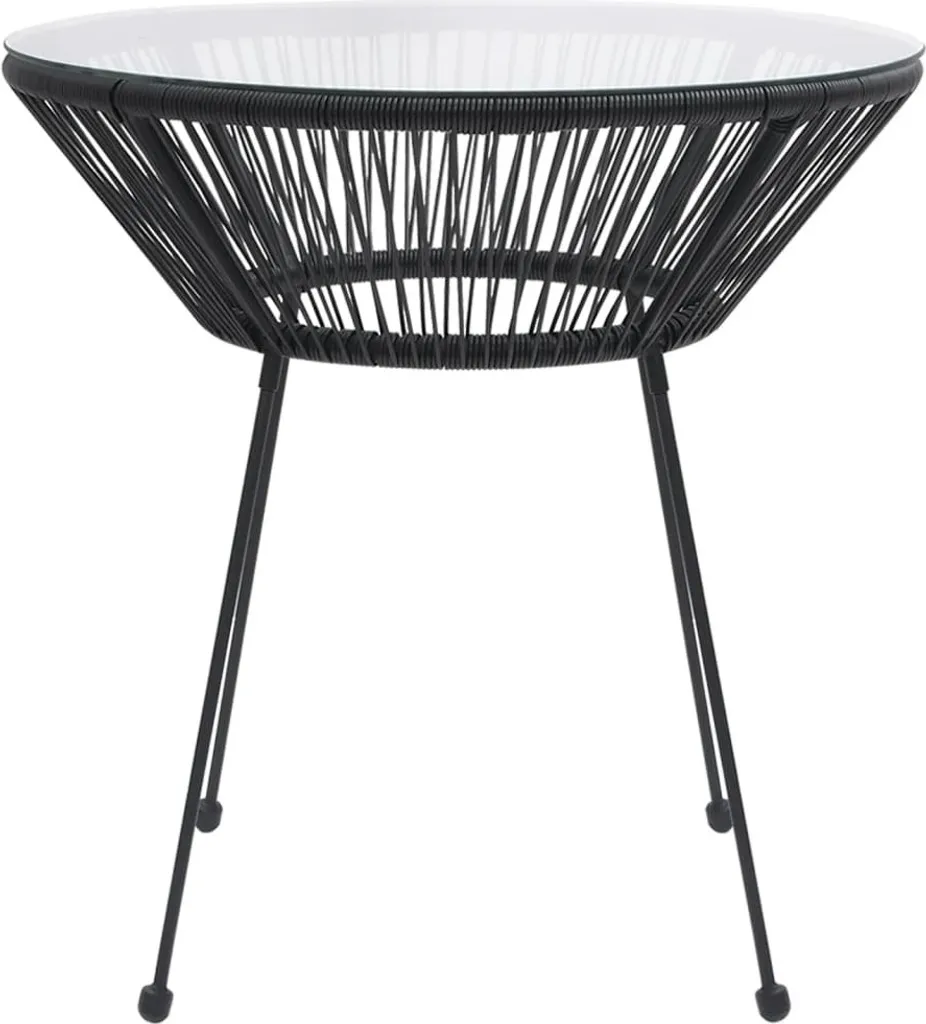 Table de jardin en résine tressée noire avec plateau en verre rond