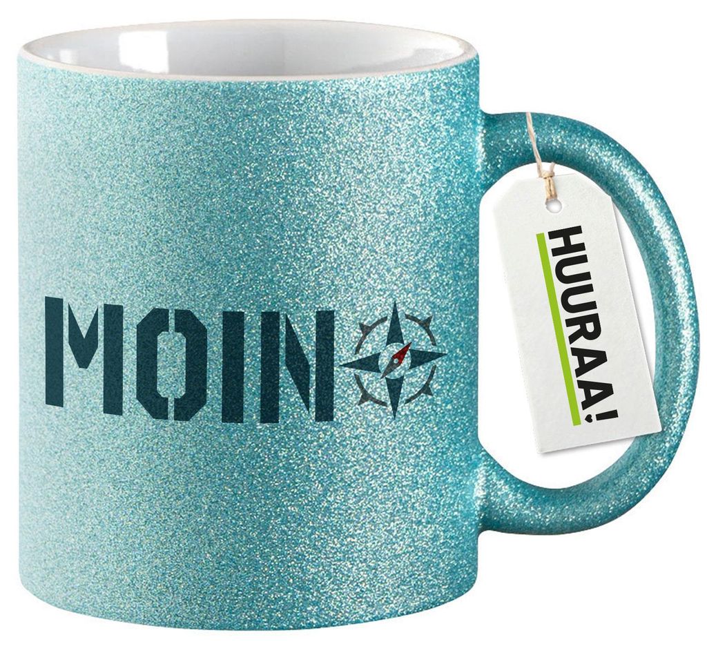 Huuraa Glitzertasse Moin Kompass 330ml Blau Keramik Kaffeebecher Geschenkidee