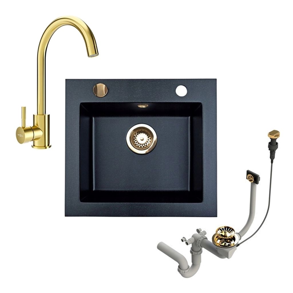 Granit Küchenspüle mit Gold Armatur, Schwarz Spülbecken mit Gold Siphon 48x44 Einbauspüle