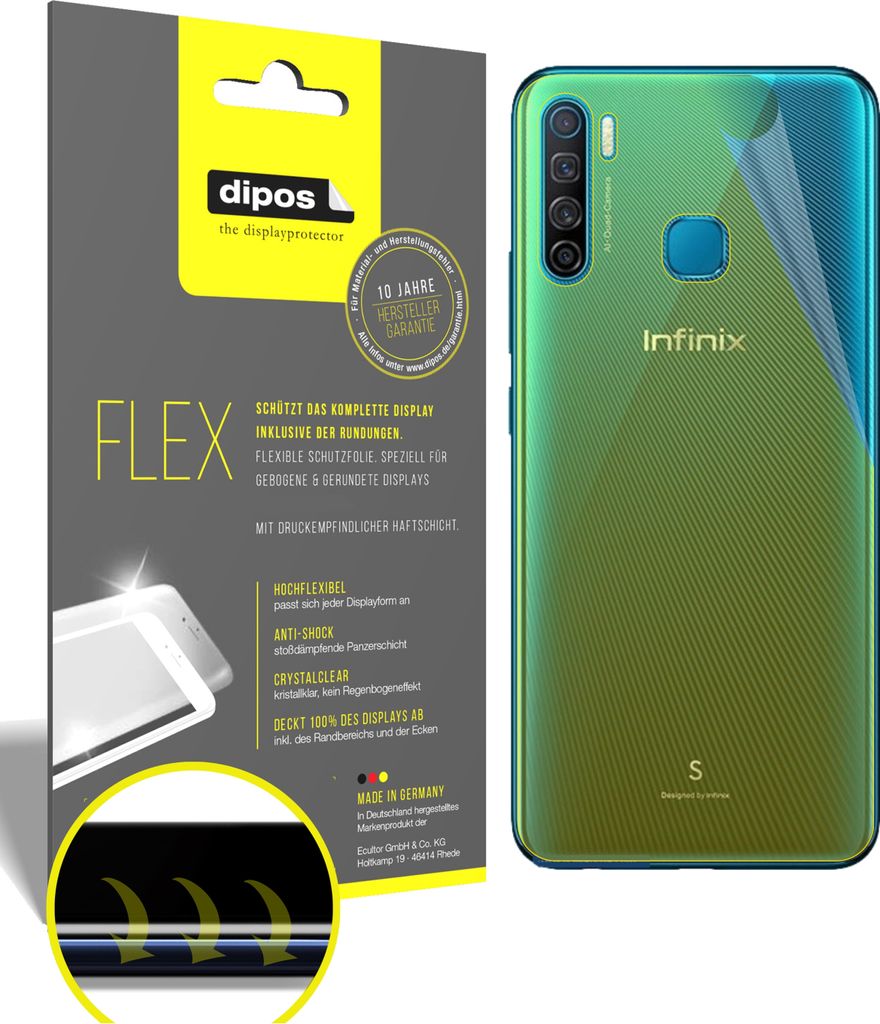 2x Schutzfolie für Infinix S5 Rückseite Folie, 100% Displayabdeckung, dipos Flex