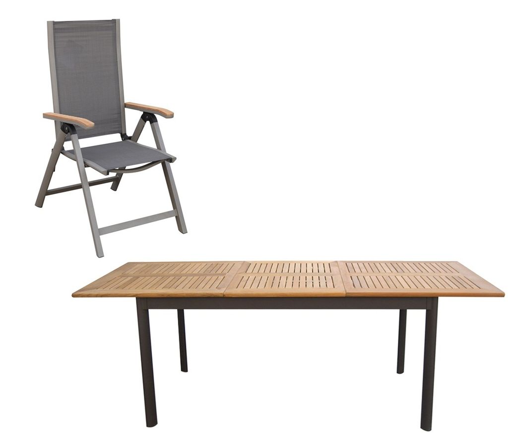 Dehner Gartenmöbelset Colmar 7-teilig, Tisch, 6 Klappsessel, FSC -es Teakholz / Textilene / Aluminium, schwarz / braun