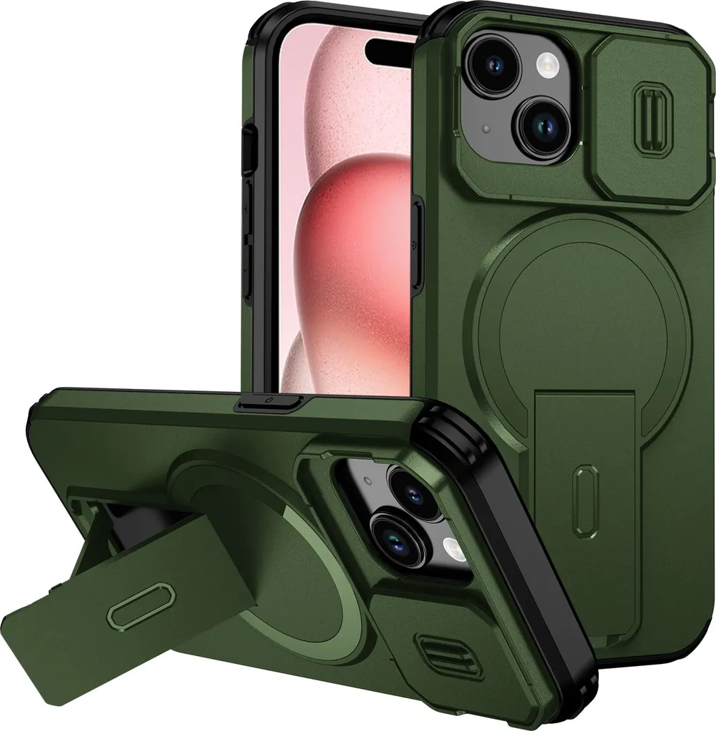 Cover Rugged iPhone 15 Verde con Supporto MagSafe e Copri Obiettivo