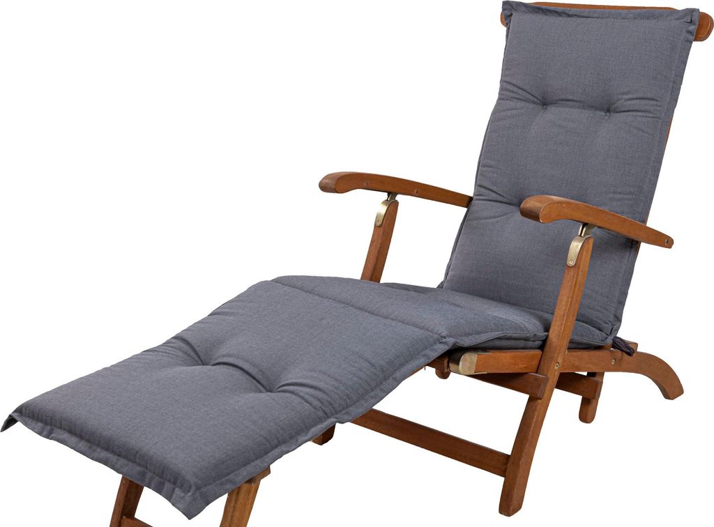 A deckchair cushion on a wooden deckchair.
