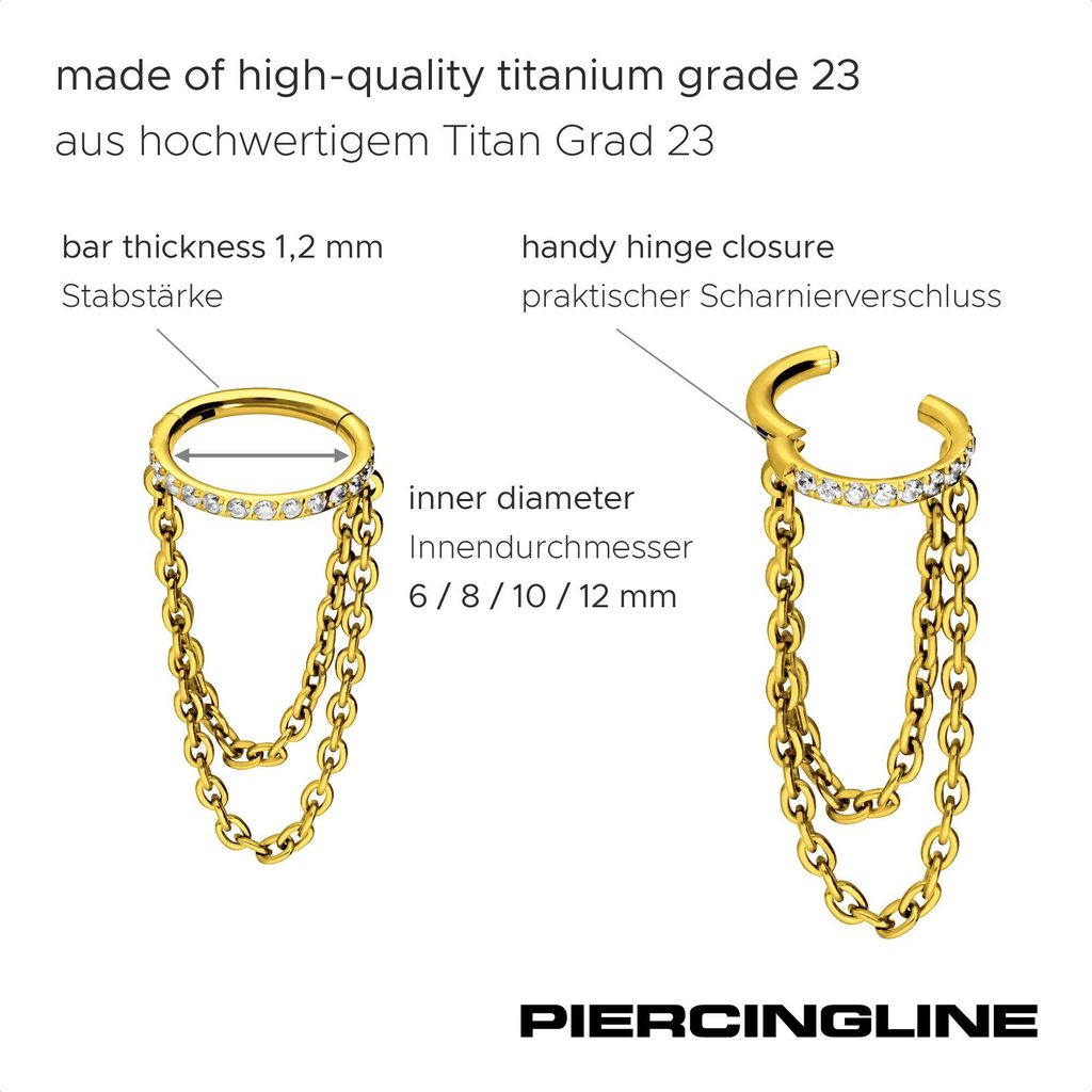 Ohrpiercing, Nasenpiercing, Septum Piercing Titan Segmentring Clicker EINGEFASSTE KRISTALLE + 2 KETTEN Gold Innendurchmesser: 6 mm