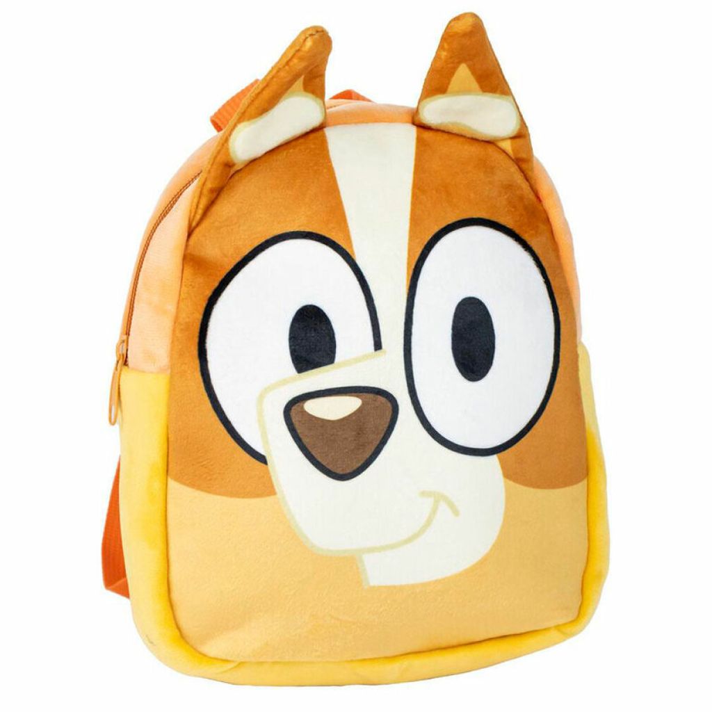 A plush Bluey backpack is shown against a white background.