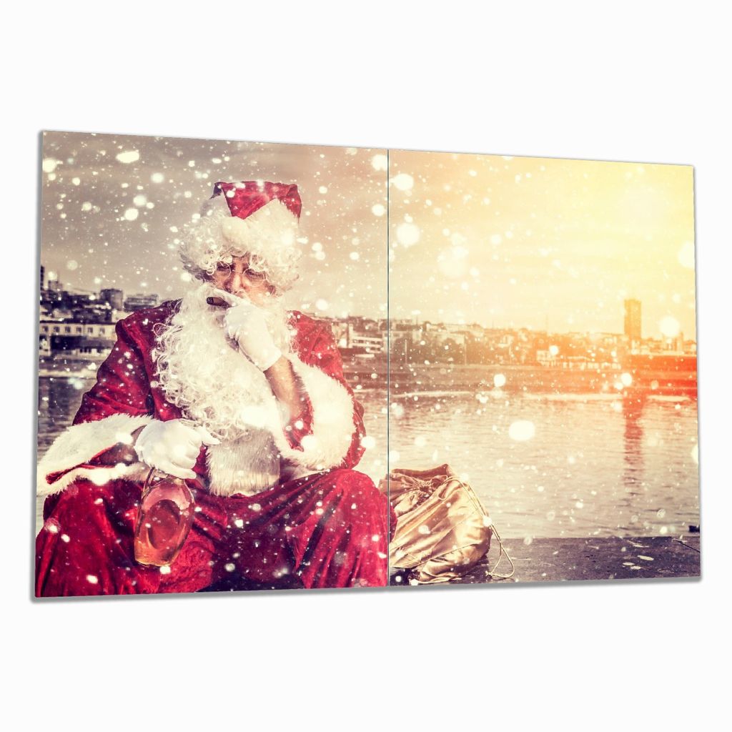 Wallario Herdabdeckplatte aus Glas, Größe 80 x 52 cm 2-teilig, Motiv Christmas-Party - Weihnachtsmann mit Schnaps und Zigarre