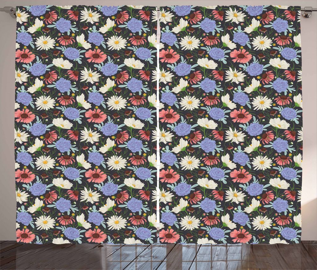 ABAKUHAUS Blumen Rustikaler Gardine, Vintage Wiese Boho, Schlafzimmer Kräuselband Vorhang mit Schlaufen und Haken, 280 x 225 cm, Mehrfarbig