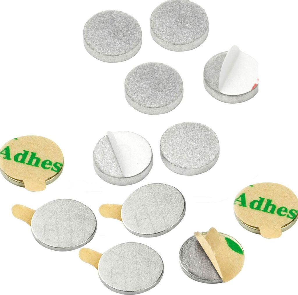 vasalat Scheibenmagnet flach, Magnete mit Metallscheiben selbstklebend, Rundmagnet ø 10mm, Neodym vernickelt 12-teilig