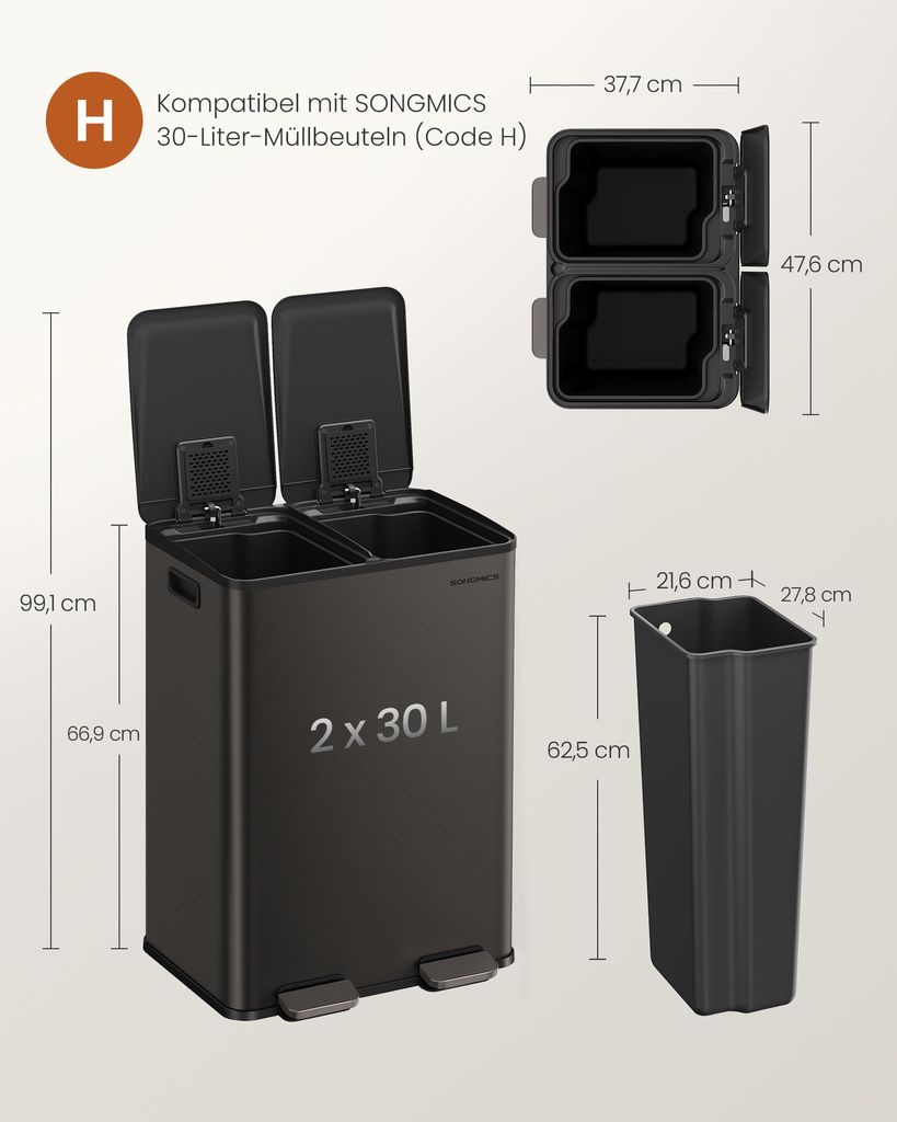 A diagram showing a black kitchen trash can with dimensions and compatibility information.