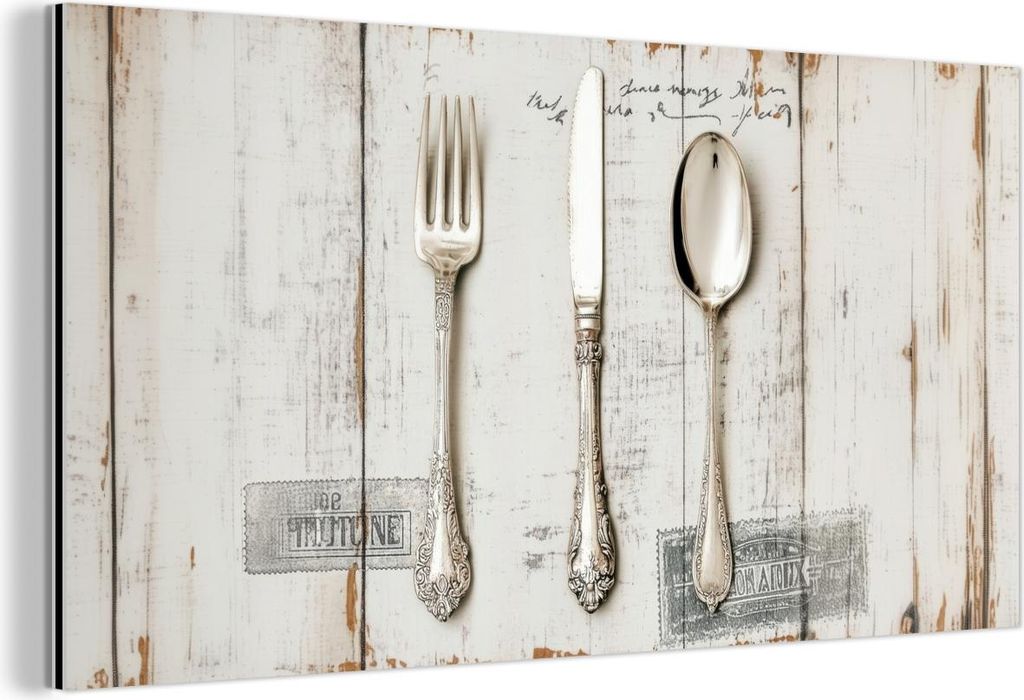 MuchoWow Wanddekoration Metall Metallbild Wandkunst 120x60 cm Silber - Besteck - Holz MuchoWow Aluminium Gemälde - Metalbilder