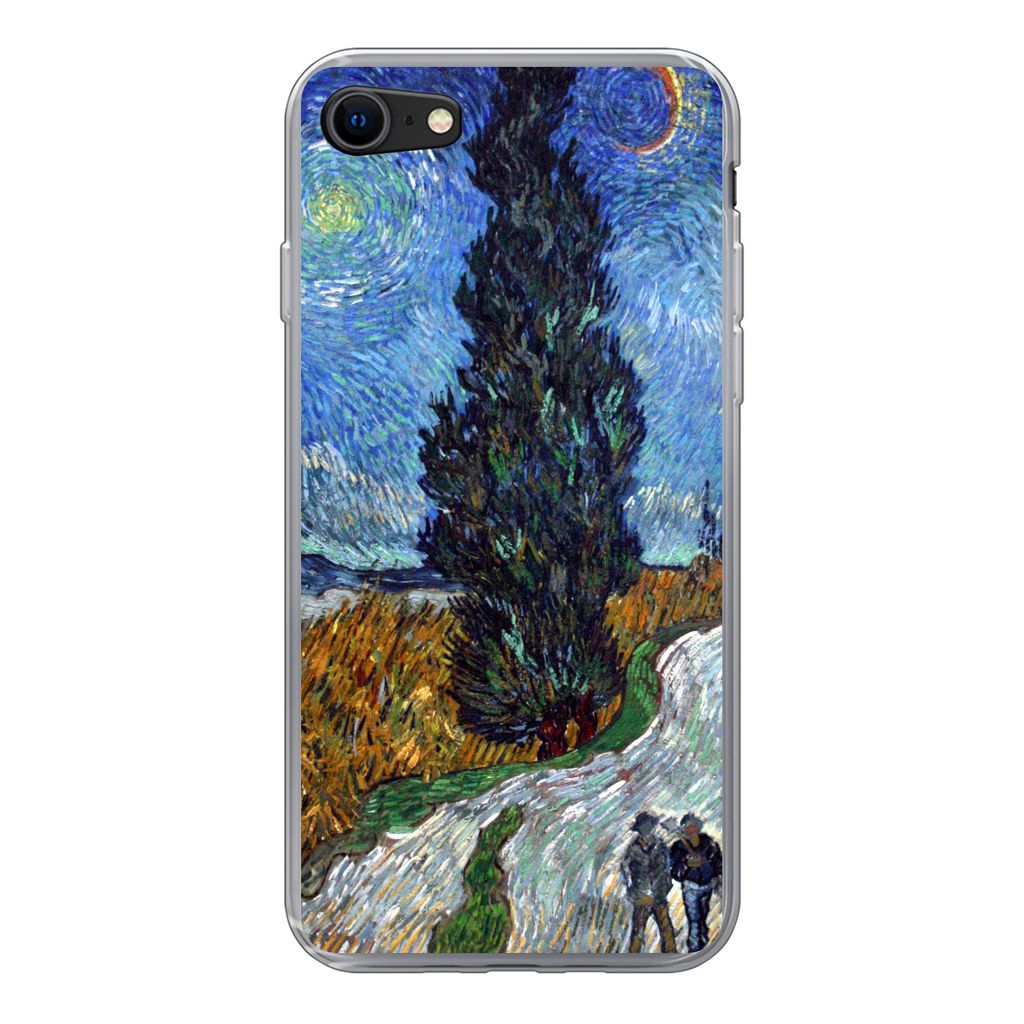 MuchoWow Handyhülle Schutzhülle Hülle für iPhone 8 Straße mit Zypresse und Stern - Vincent van Gogh Silikon Softcase Handy Hülle - Schutzhaube