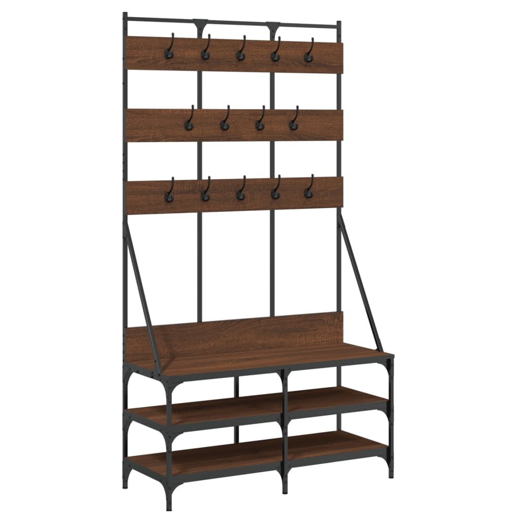 A coat rack with a bench and shelves, presented against a white background.
