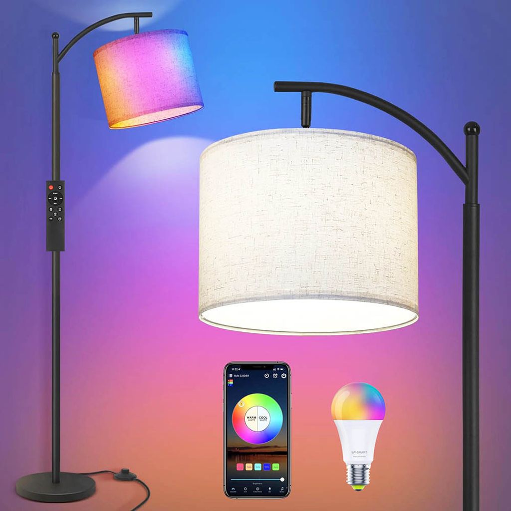 Intelligente Stehlampe RGB Stehleuchte mit Stoff Lampenshirm Fußschalter Dimmbar WiFi Bogenlampe mit Fernbedienung Standleuchte Leselampe Wohnzimmer