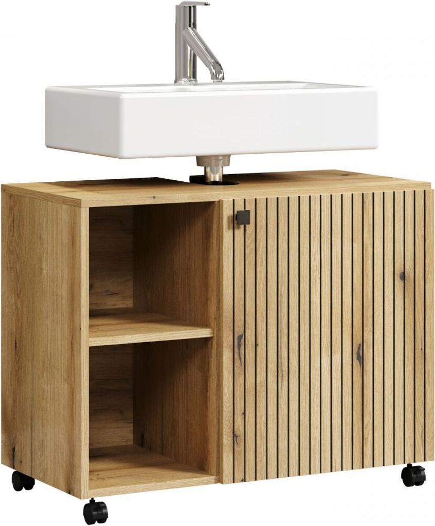 A bathroom vanity with a sink and faucet, shown against a white background.
