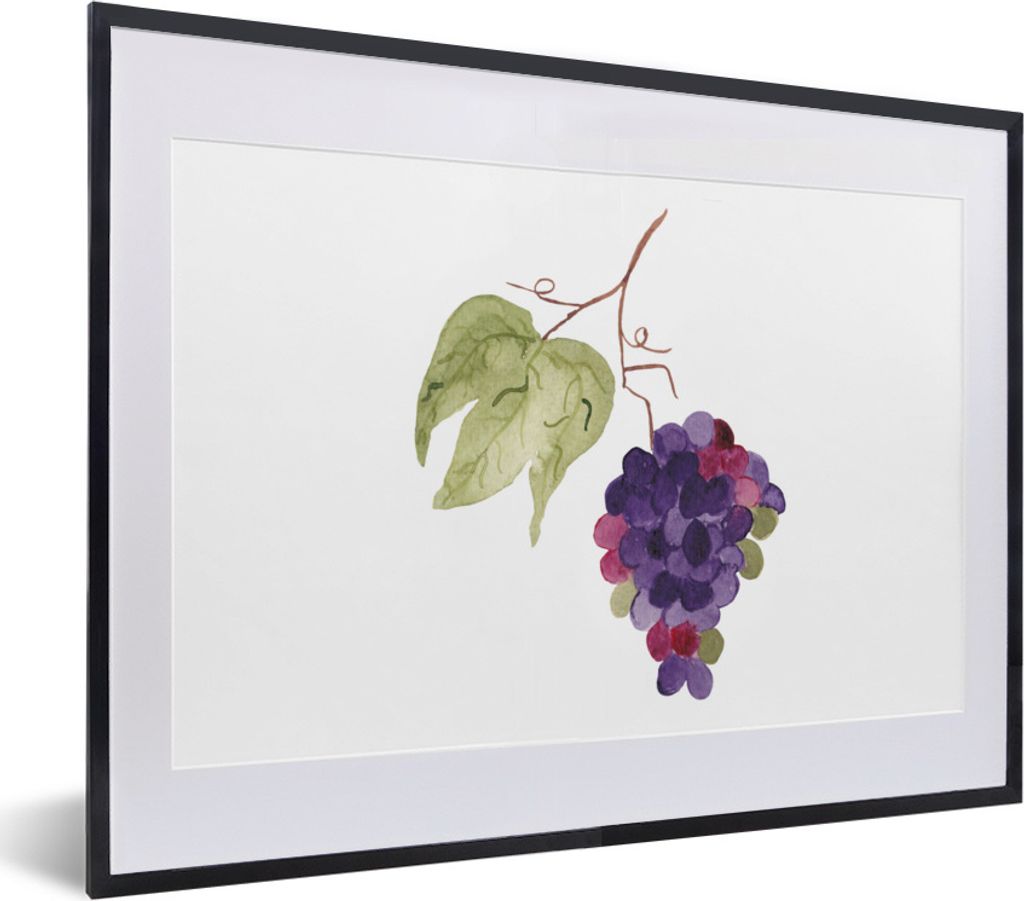 MuchoWow Gerahmtes Poster Weintrauben - Blätter - Aquarell 40x30 cm - Poster mit Schwarzem Bilderrahmen Wandposter Rahmen Foto Bilder - Bilderra...