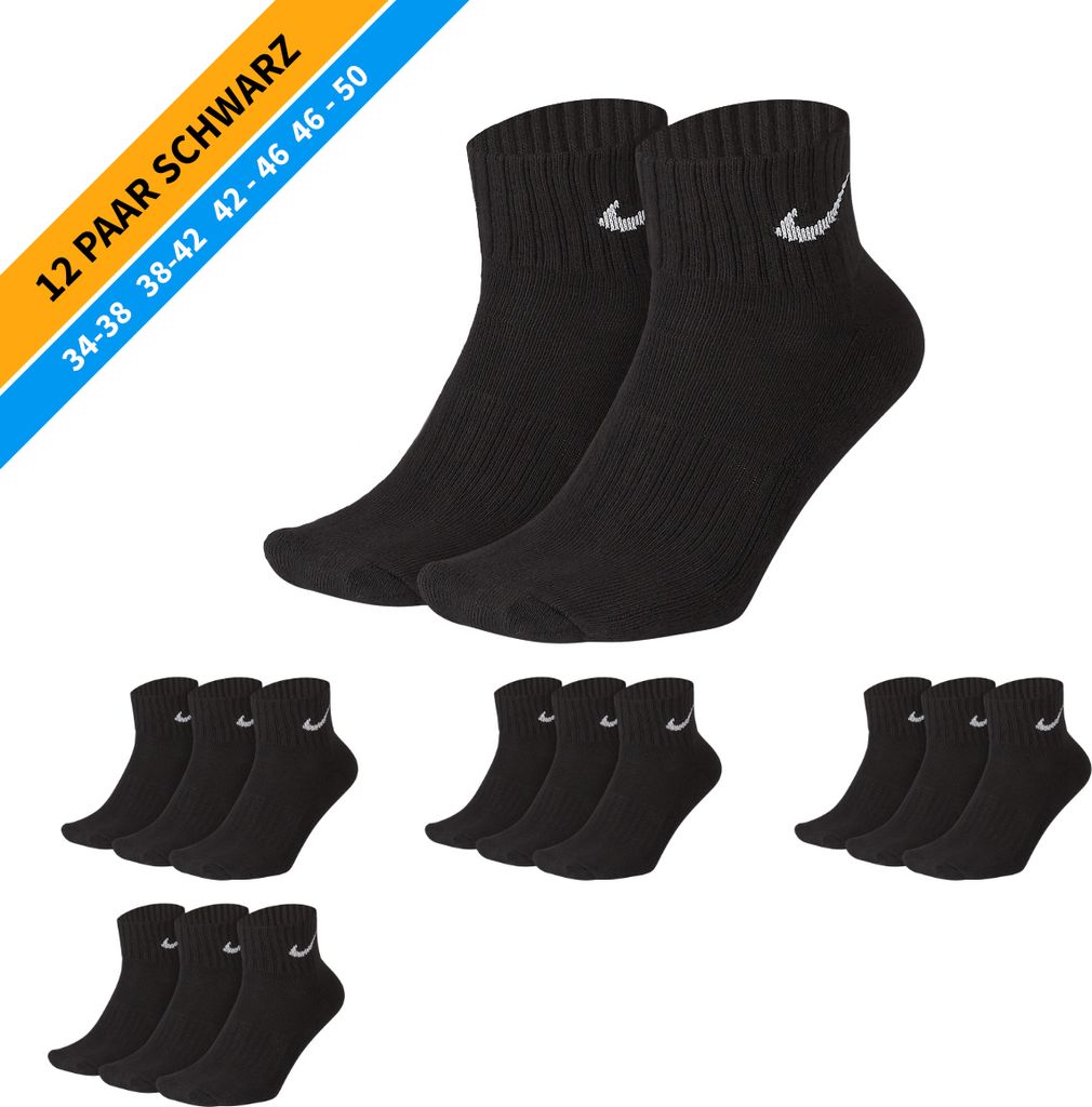 NIKE Socken - Farbe: 12 Paar Schwarz Quarter Socken - Größe: 38-42