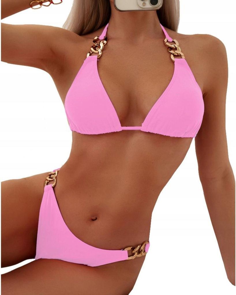 Badeanzug - Damen - Zweiteilig - Bikini zum Binden - Goldene Elemente - Zum Sonnenbaden - Strandmode - HellRosa - S