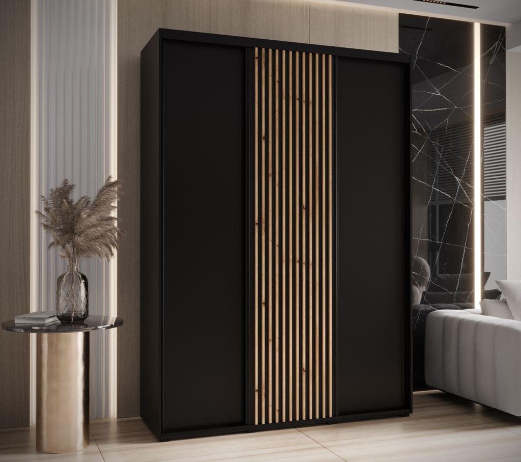 Kleiderschrank BAYLIN 1 – 180/60 cm, schwarz/schwarz/Eiche handwerklich gefertigt