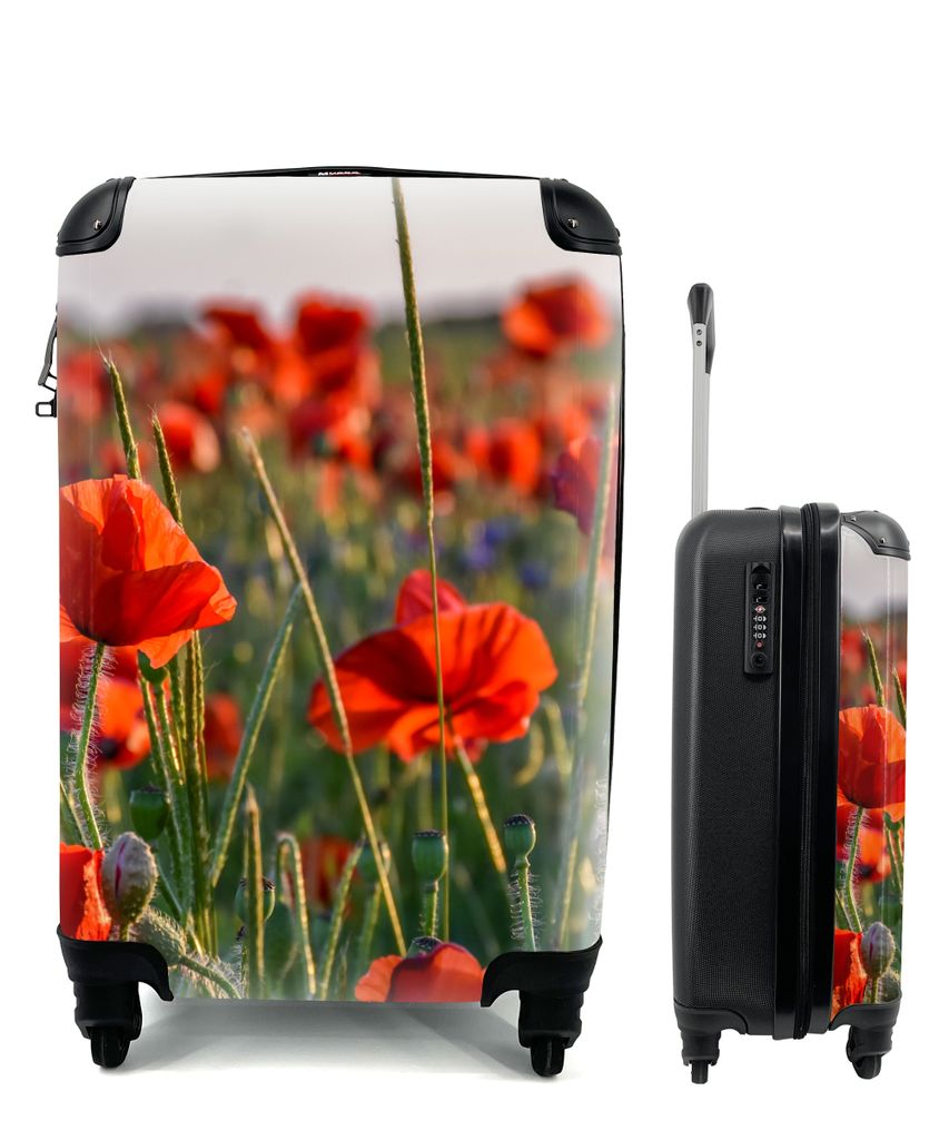 MuchoWow Koffer Handgepäck Trolley Rollkoffer Kleine Reisekoffer mit 4 Rollen - Blumen - Mohnblumen - Natur - Rot - Cabin Size < 55x40x23 cm & 5...