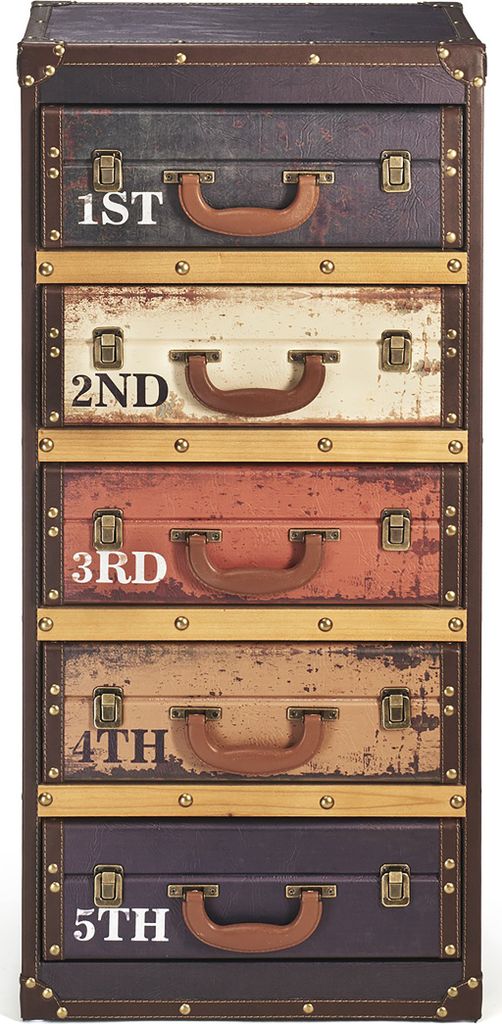 A tall, narrow chest of drawers designed to look like stacked vintage suitcases.