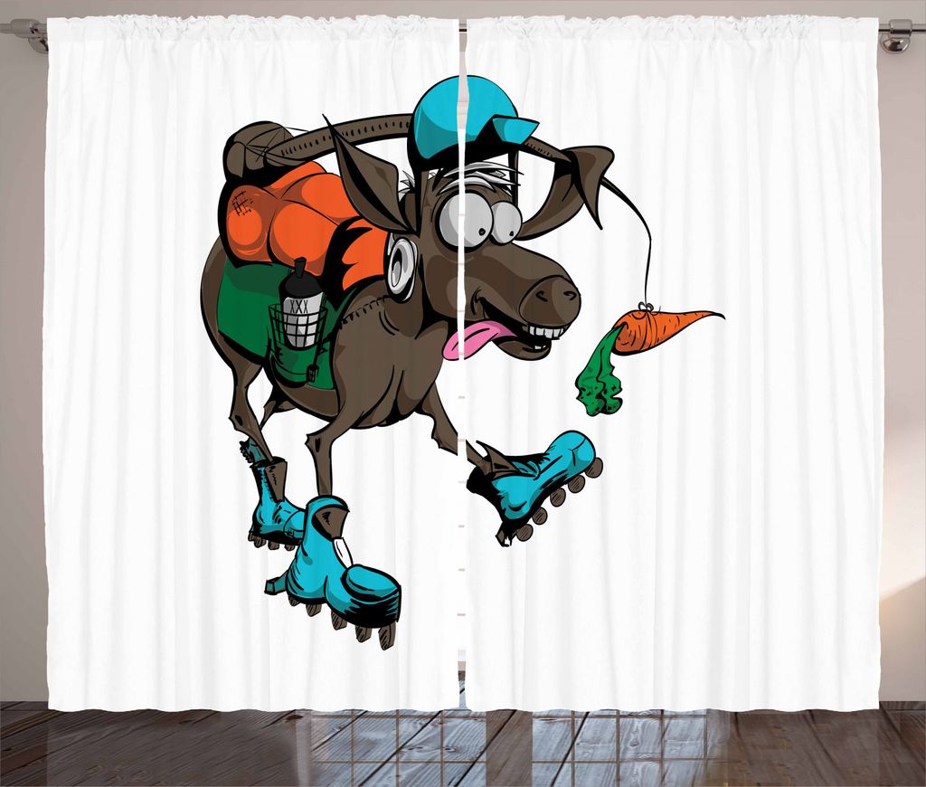 ABAKUHAUS Esel Rustikaler Gardine, Funny Animal Verfolgen Möhre, Schlafzimmer Kräuselband Vorhang mit Schlaufen und Haken, 280 x 245 cm, Mehrfarbig