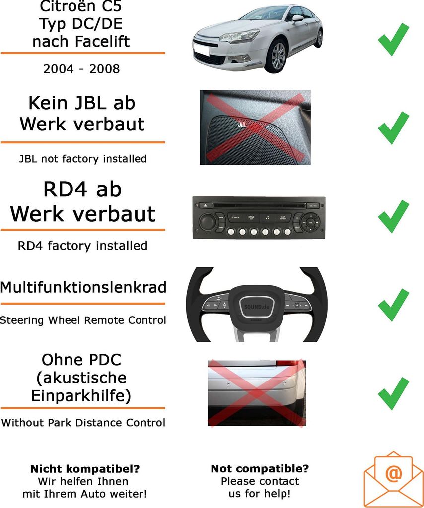 Autoradio Einbaupaket Kenwood KMM-BT209 passend für Citroën C5 DC/DE + RD4 + Lenkradfernbedienung | Bluetooth USB Telefonieren