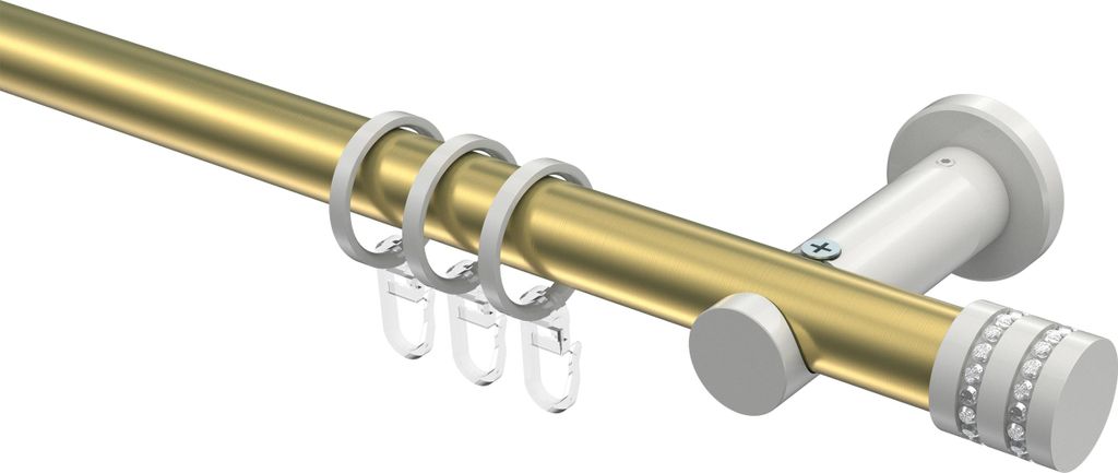 Interdeco Gardinenstange / Vorhangstange Messing-Optik / Weiß, Typ Platon Estana (Glitzerkappe), 20 mm Ø 1-läufig, 100 cm