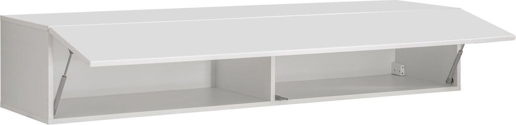 A white wall-mounted cabinet with its top door open.