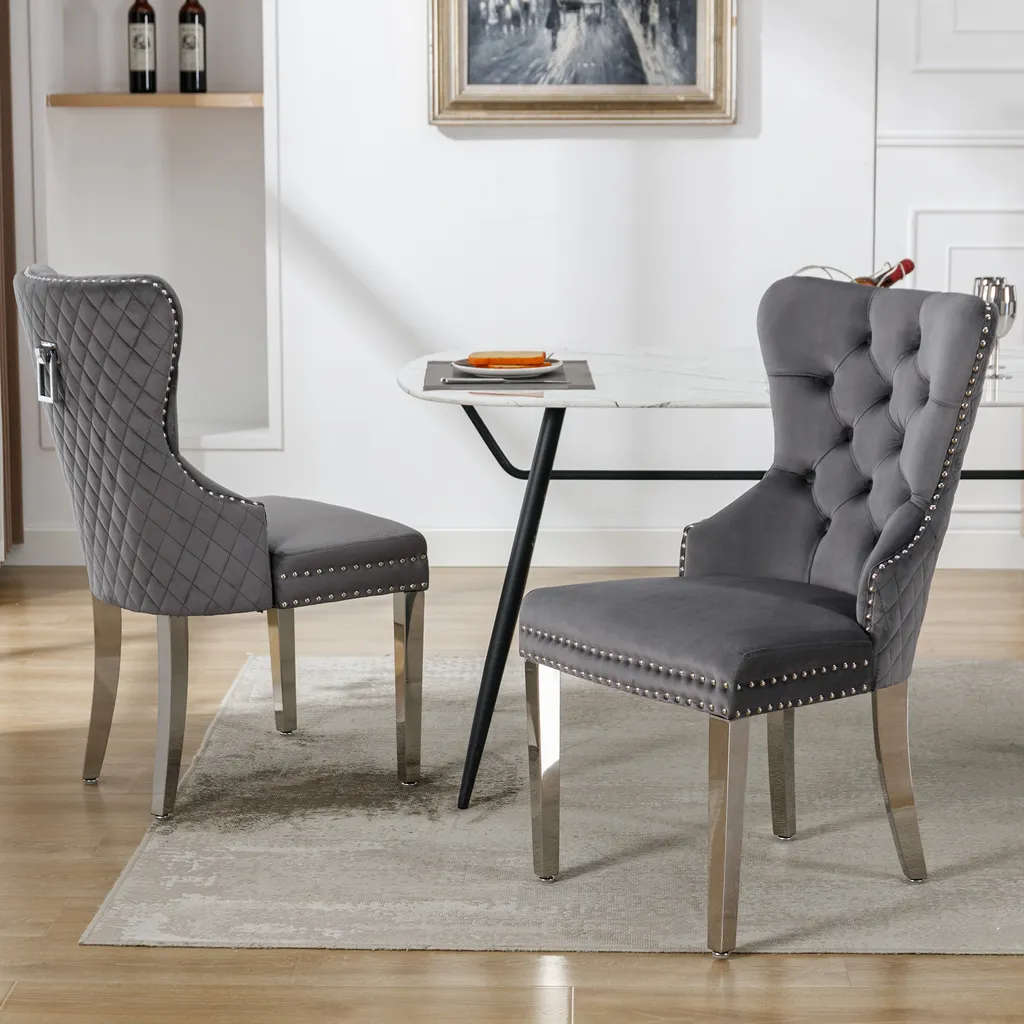 Chaise de Cuisine Rembourrée en Velours Gris et Pieds Métal - Set de 2