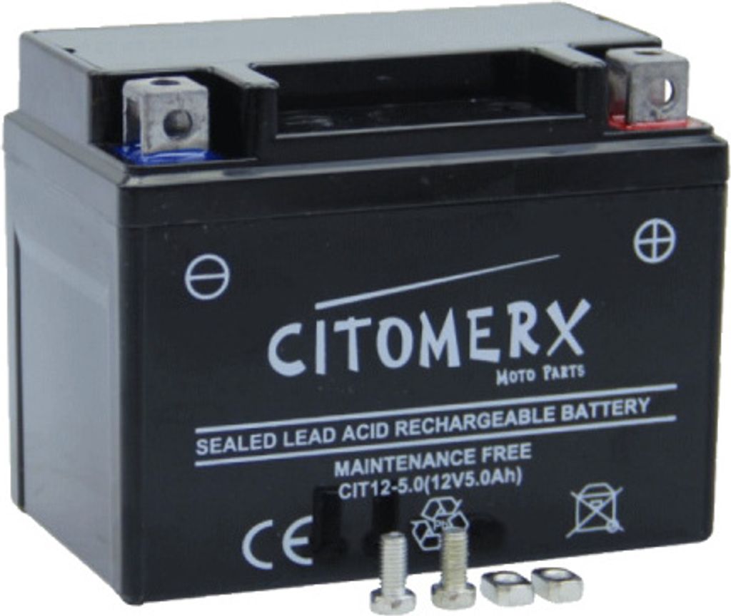 A black motorcycle battery with the brand name 'CITOMERX' printed on it.