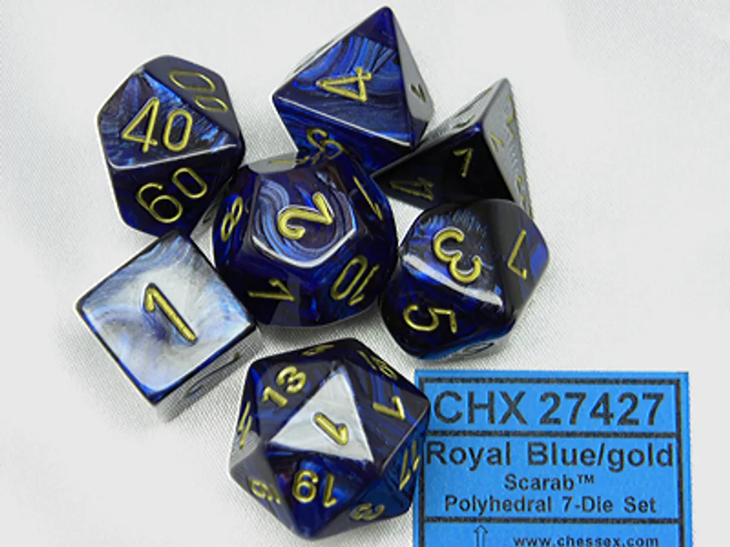 Set de 7 Dés de Jeu de Rôle Chessex Scarab Royal Blue et Chiffres Or