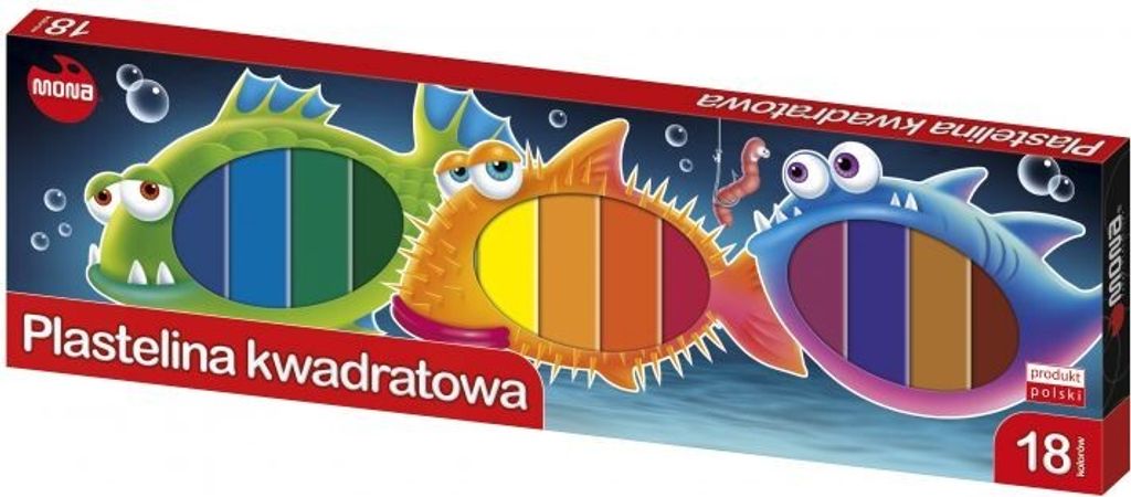 A box of colorful modeling clay with cartoon fish on it.