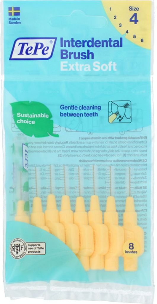 A package of TePe Interdental Brushes, Extra Soft, Size 4.