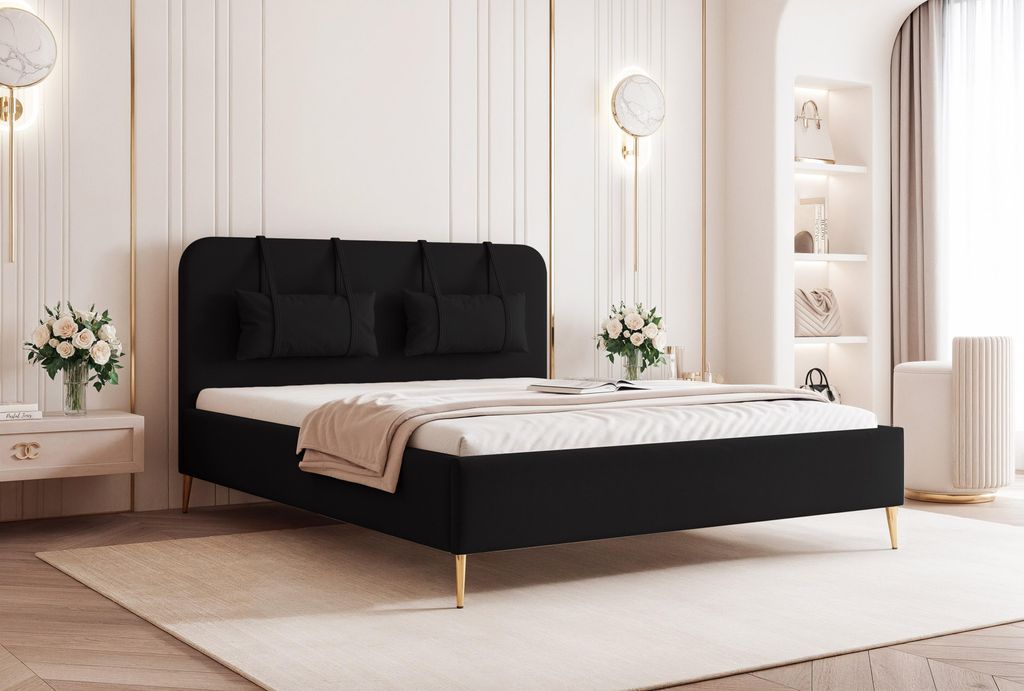 BESILIO Bett auf goldenen Beinen 200x200 Monti II – schlankes Bett mit abnehmbaren Zierkissen, Metallbeinen, Lattenrost und Bettkasten – Schwarz