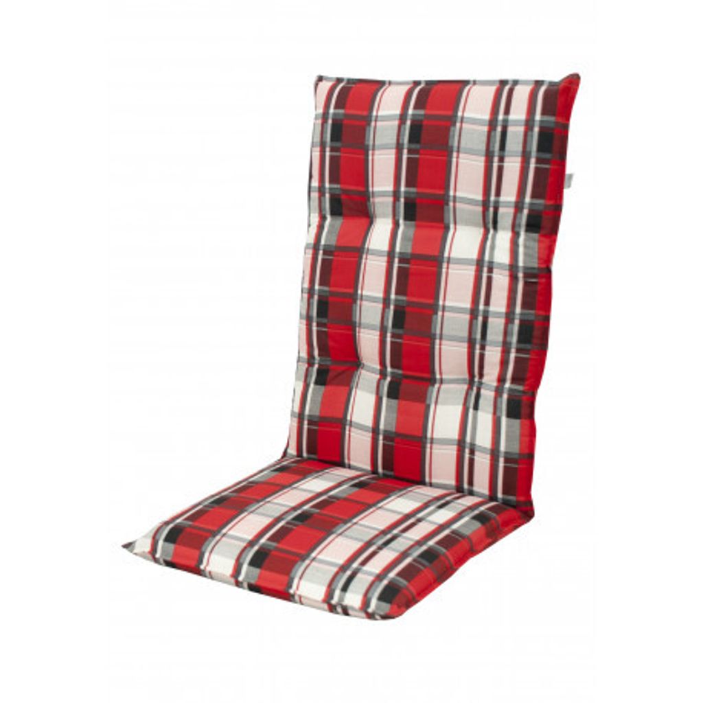A chair cushion with a red and white plaid pattern, shown from the side.