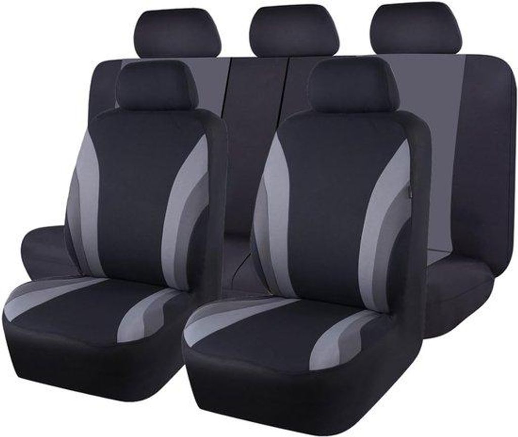 Sportliche Stoff-Autostoelhosen - atmungsaktives, mit 3 Reißverschlüssen, für den Rücksitz (vollständiges Set, schwarz und grau)