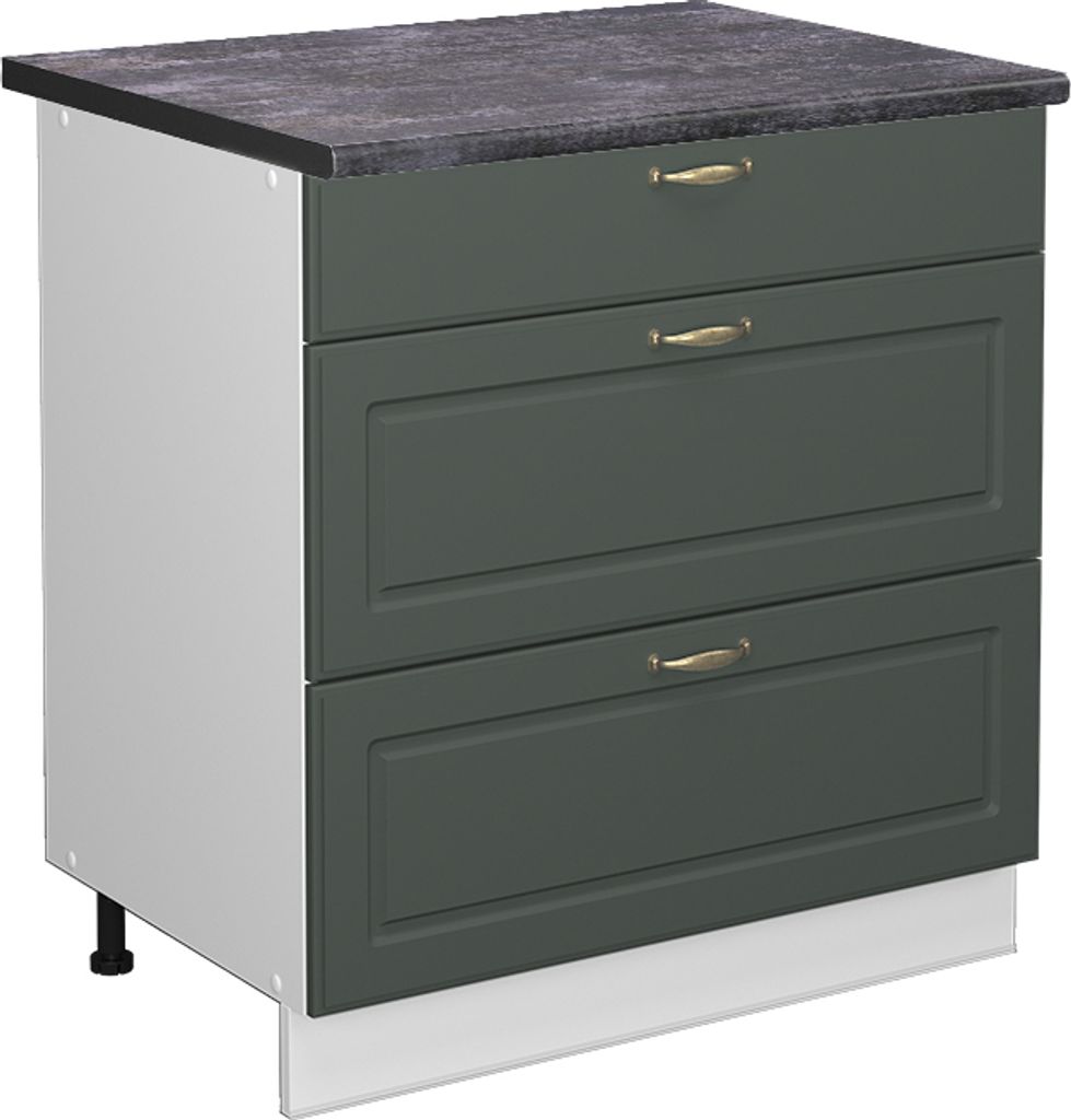 Küchenunterschrank Vicco Fame-Line Grün-Gold Landhaus 80 cm mit 3 Schubladen, AP Anthrazit, Model 45698