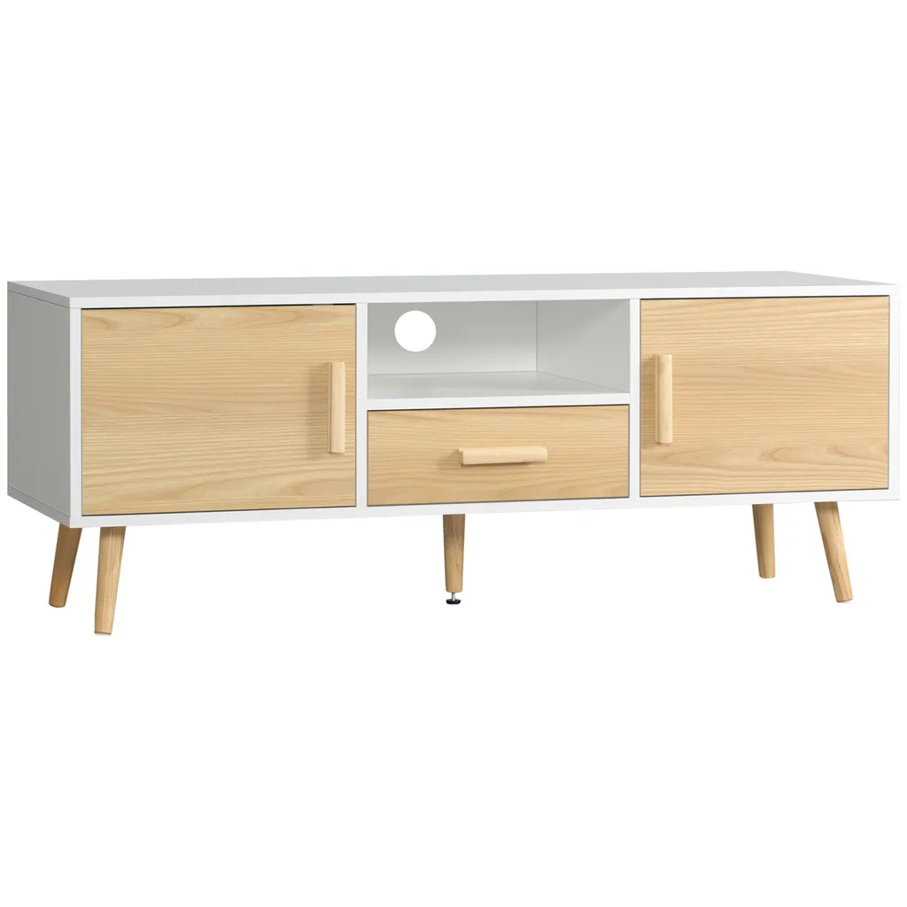 Banc TV Scandinave 120cm avec Rangements et Pieds en Bois Massif Naturel