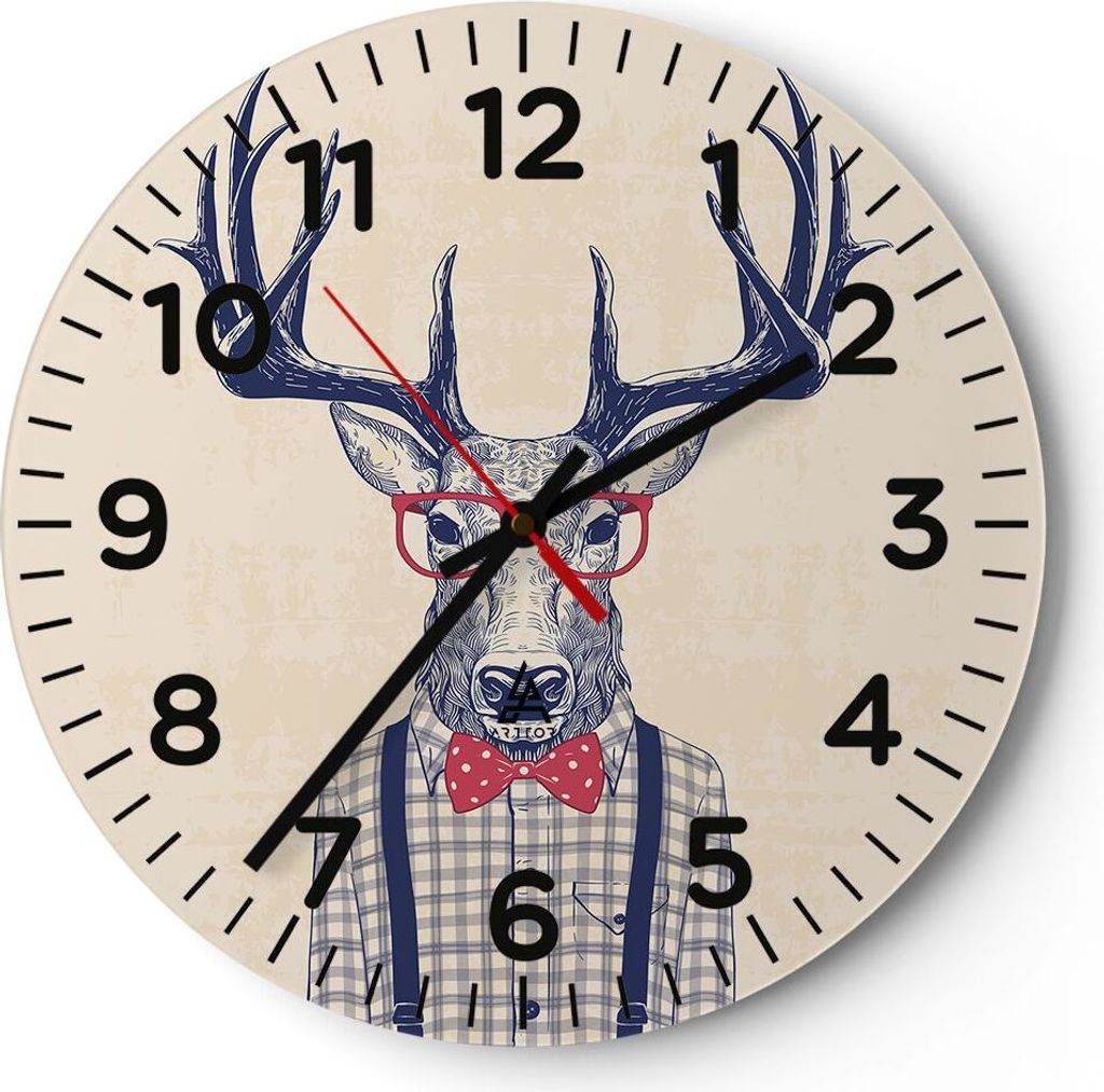 Wanduhr - Rund - Glasuhr - Charakter Hirsch Illustration hipster - 40x40cm - Schleichendes Uhrwerk - Lautlos - zum Aufhängen bereit - Dekoration M...
